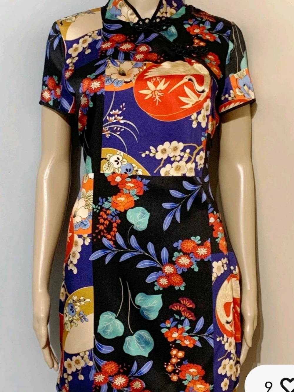 Floral Pattern Short Sleeve Cheongsam-Inspired Dress- Black & Blue